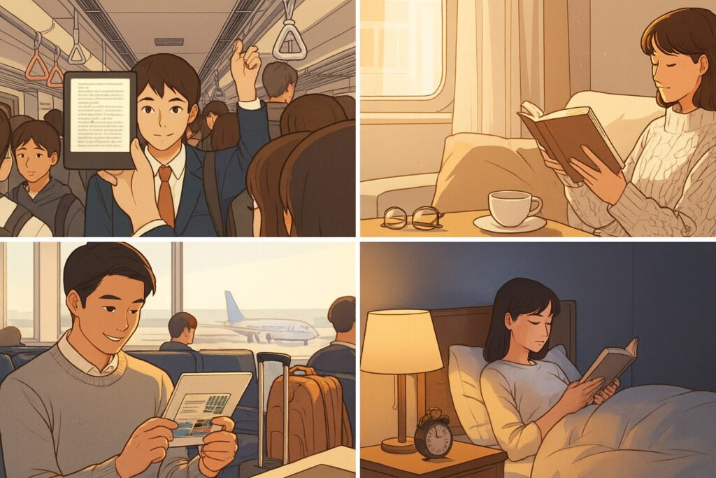 電子書籍や紙の本の使い分けとして、通勤電車、家、旅行先、寝る前のイメージ