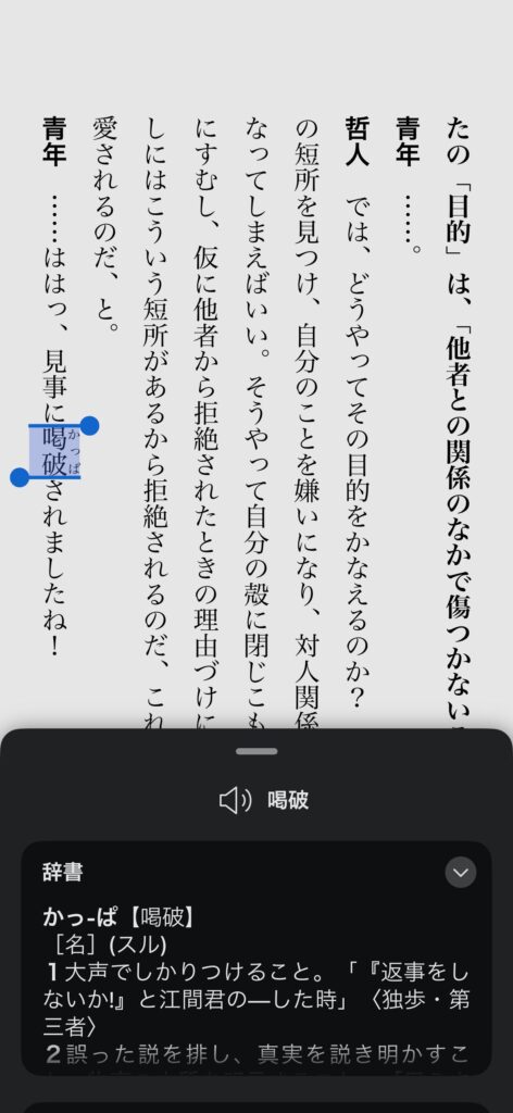 kindleアプリで辞書を表示している